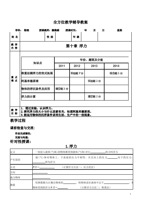 八年级物理全册复习学案：第十章 浮力