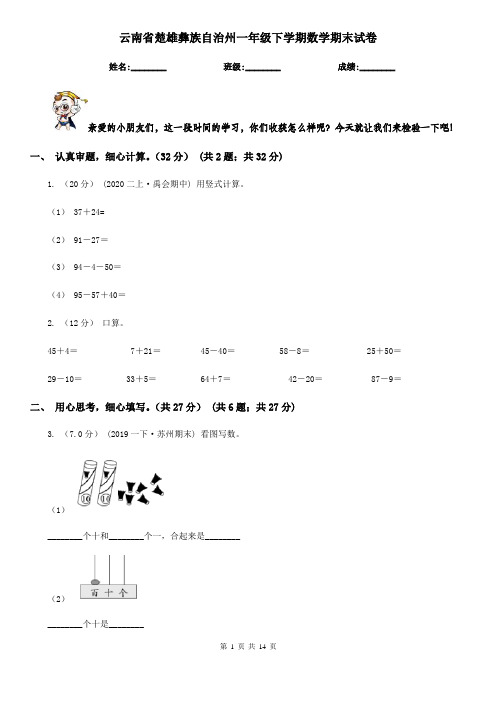 云南省楚雄彝族自治州一年级下学期数学期末试卷