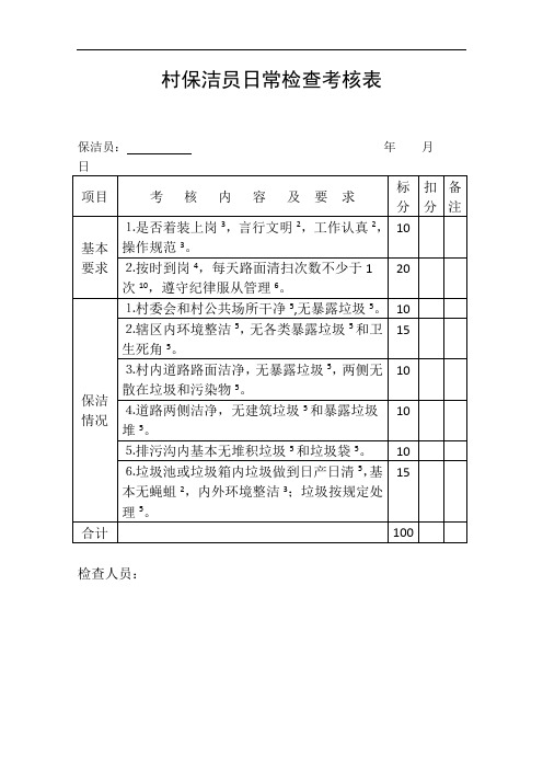 村级保洁员日常检查考核表