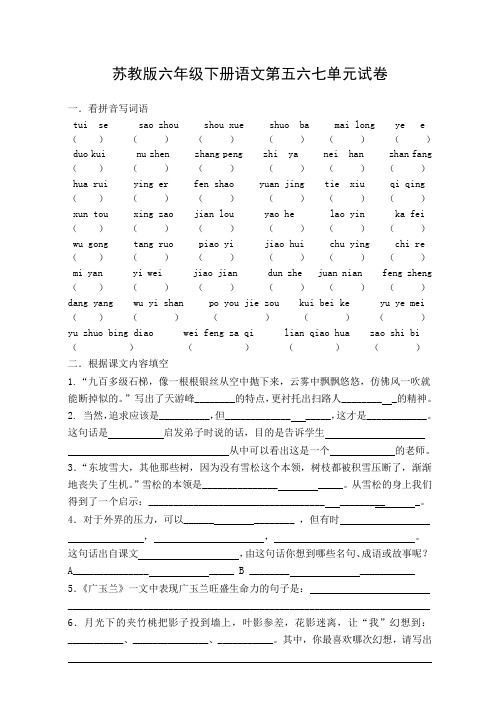 苏教版六年级下册语文第五六七单元试卷