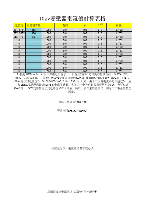 变压器电流值计算表格