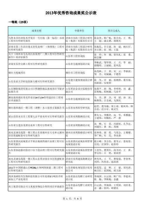 2013年度山东省优秀工程咨询成果奖获奖名单公示表