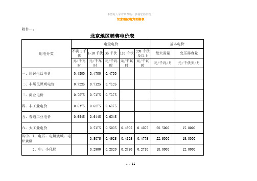 北京地区电力价格表