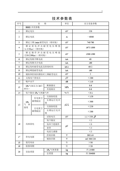 550kVHGIS(GIS)技术参数