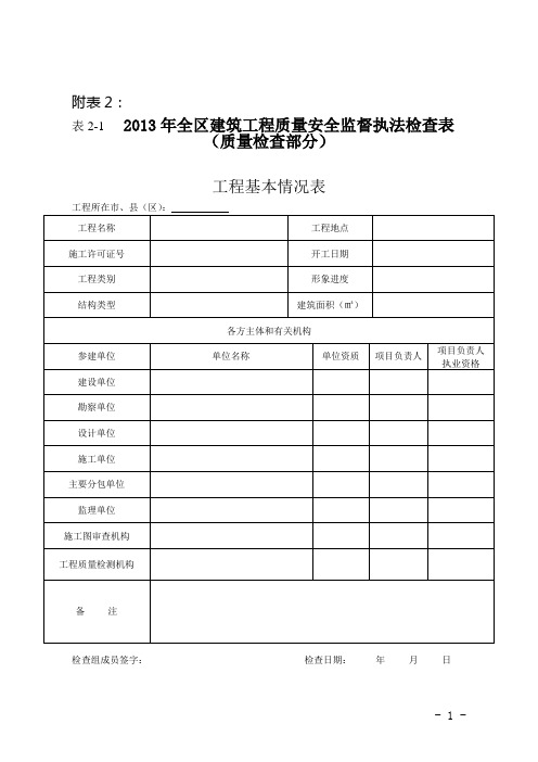 2013年全区建筑工程质量安全监督执法检查表