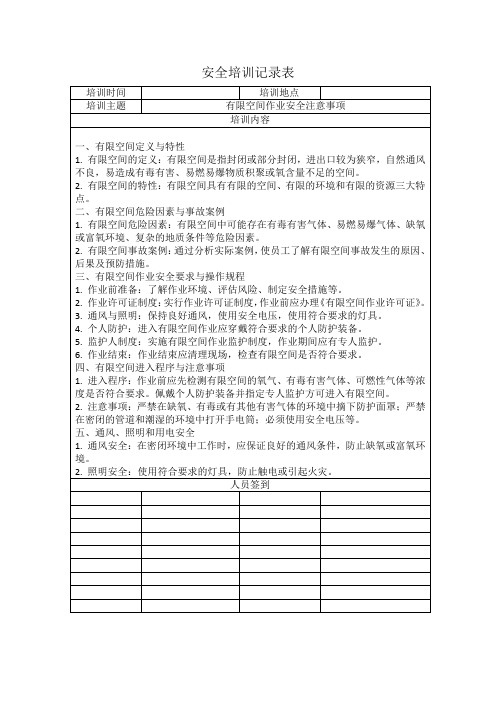 有限空间作业培训记录表