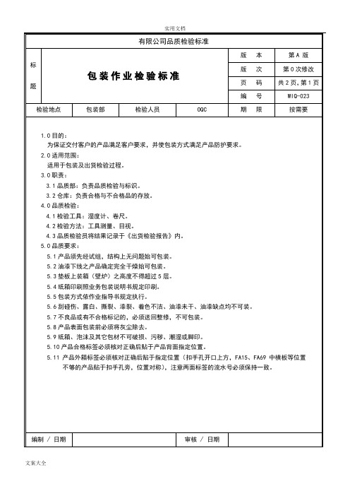 家具厂各种制程作业检验实用标准