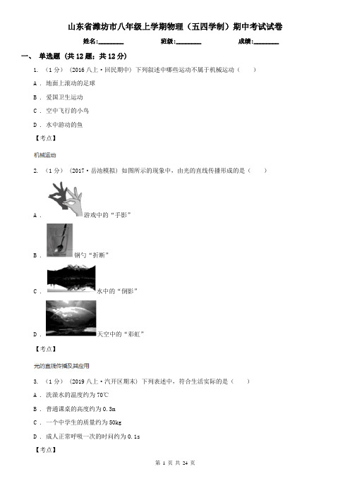 山东省潍坊市八年级上学期物理(五四学制)期中考试试卷