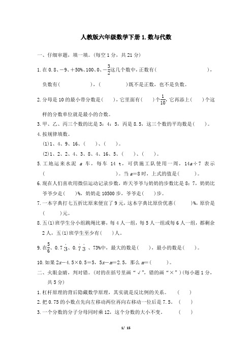 人教版六年级数学下册小升初专项试卷--数与代数-附答案