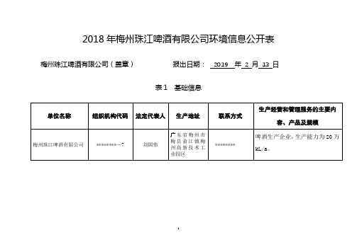 2018年梅州珠江啤酒有限公司环境信息公开表【模板】