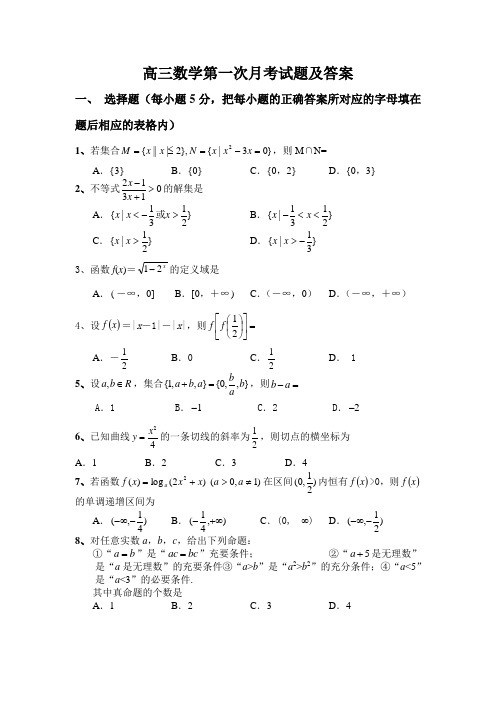 高三数学第一次月考试题及答案