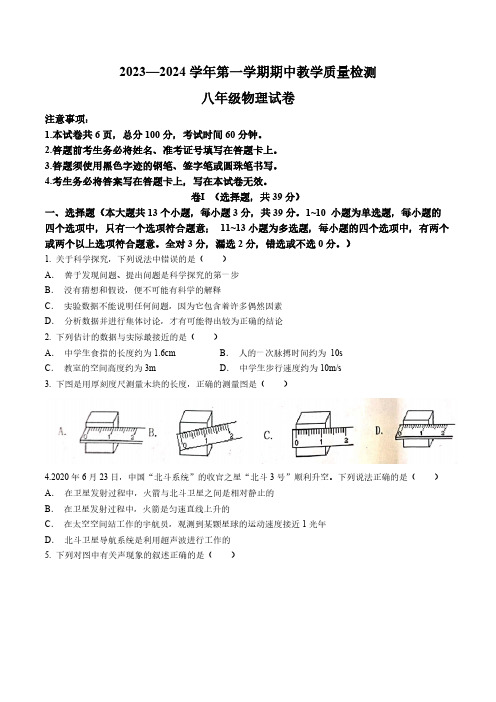 河北省唐山市迁安市2023-2024学年八年级上学期11月期中物理试题(含答案)