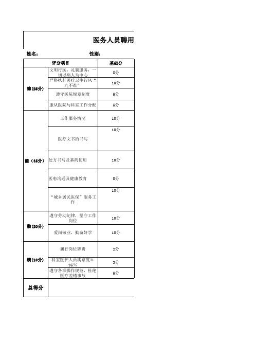 医务人员聘用人员考核评分表