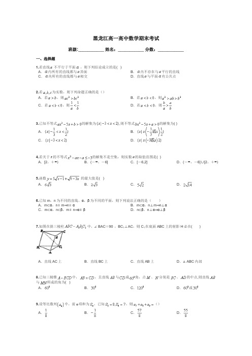 黑龙江高一高中数学期末考试带答案解析
