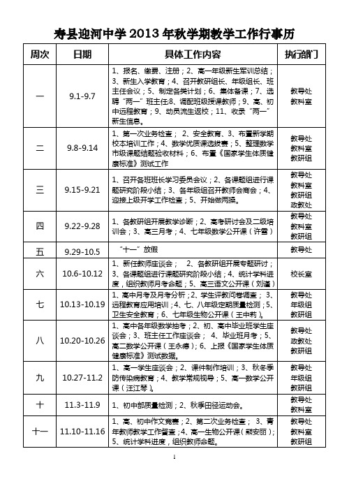 2013秋学期教学工作行事历