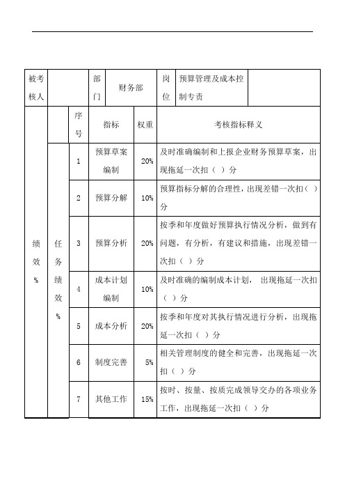 《财务部-预算管理及成本控制专责岗位关键业绩考核指标(KPI)》
