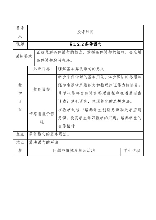 [精品]新人教版必修三高中数学6.§1.2.2条件语句优质课教案