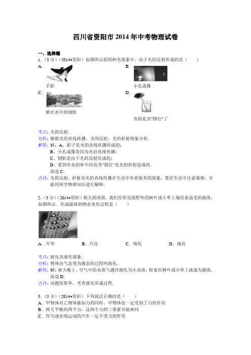 四川省资阳市2014年中考物理试卷(word版,含解析)