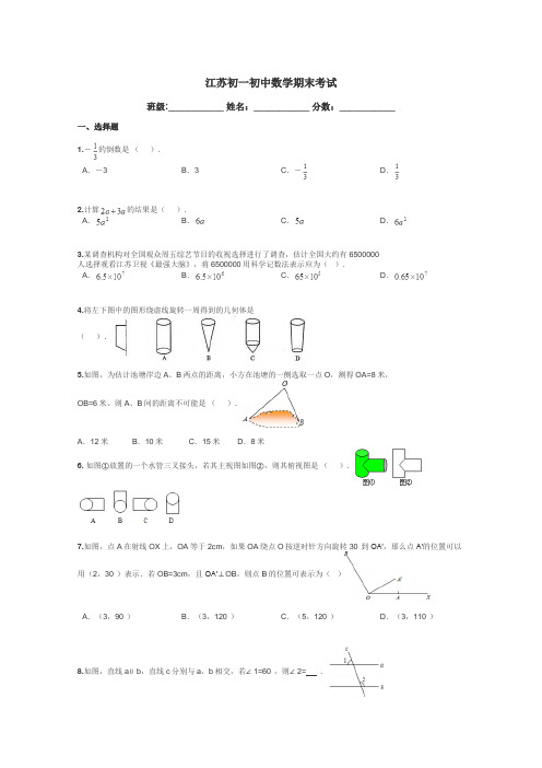 江苏初一初中数学期末考试带答案解析
