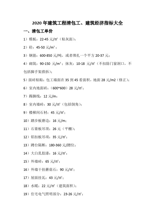 建筑工程2020年清包工、建筑经济指标大全