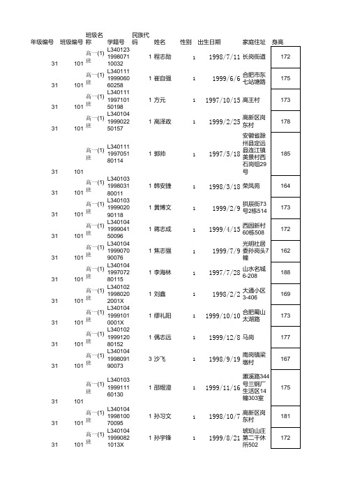 合肥市小庙中学体测模版高一总表