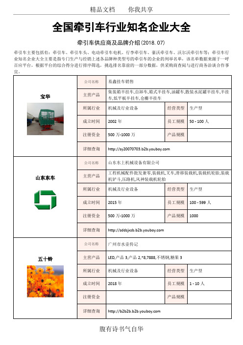 全国牵引车行业知名企业大全-牵引车供应商及品牌介绍2018.07