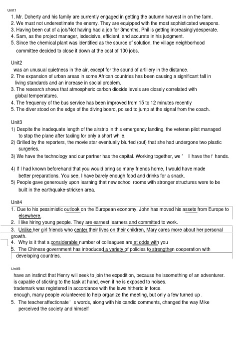 全新版大学英语(第二版)综合教程4课后习题答案之翻译题答案全