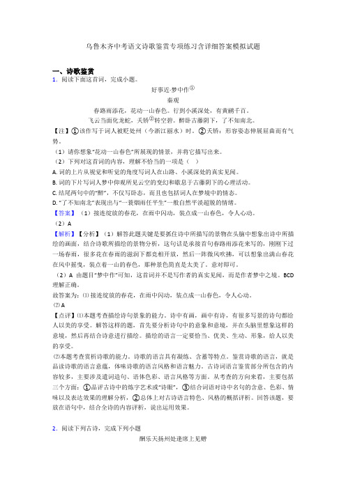 乌鲁木齐中考语文诗歌鉴赏专项练习含详细答案模拟试题