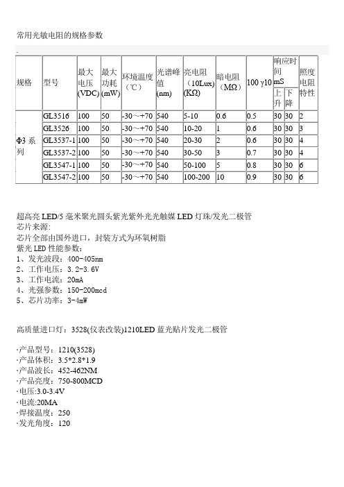 常用光敏电阻的规格参数