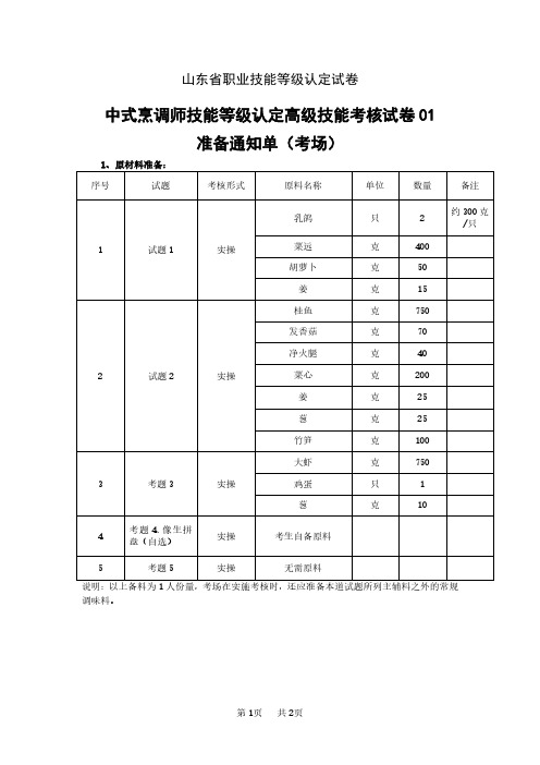 2024年山东省职业技能等级认定试卷 真题 中式烹调师 高级技能考核试卷准备通知单(考场)