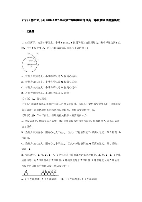 广西玉林市陆川县2016-2017学年第二学期期末考试高一年级物理试卷解析版