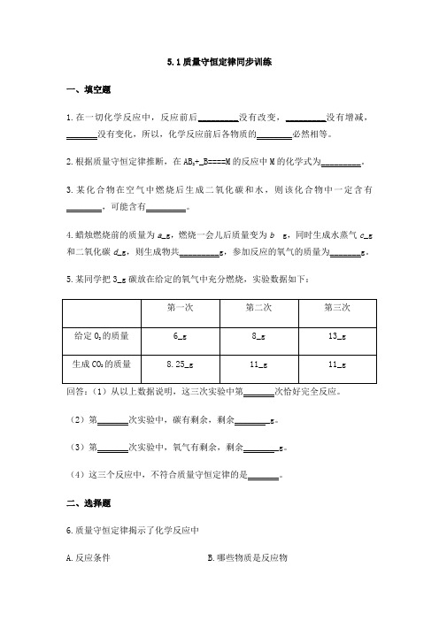 人教版九年级化学上册 5.1质量守恒定律同步训练 含答案