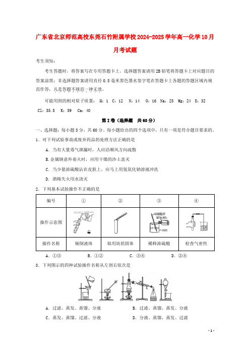 广东省北京师范大学东莞石竹附属学校2024_2025学年高一化学10月月考试题