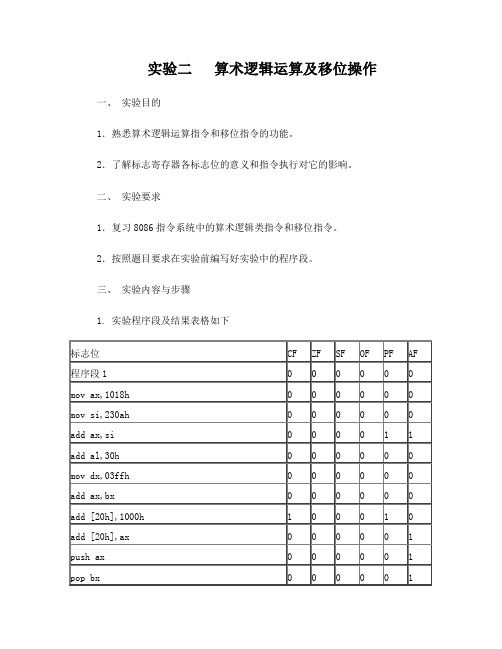 微机实验二算术逻辑运算及移位操作