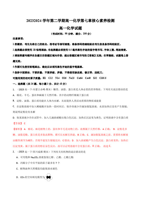 第二学期高一化学第七章核心素养检测高一化学教学课件习题(人教版2019)(原卷版)