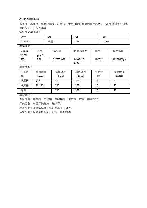 C18150铬锆铜棒物理性能