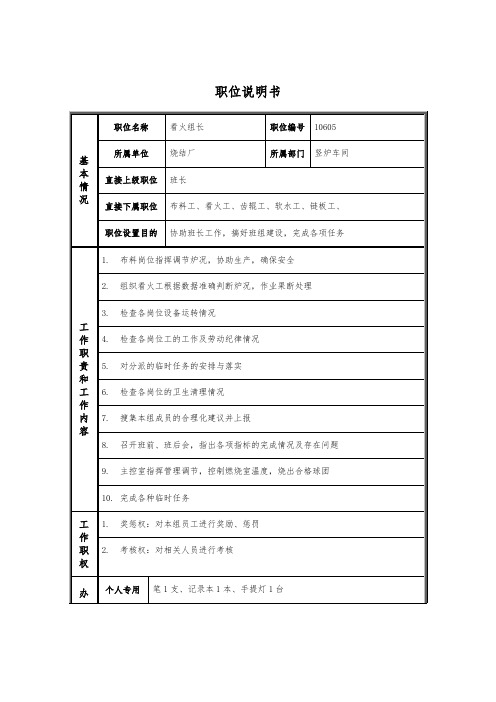 烧结厂职位说明书-竖炉看火组长