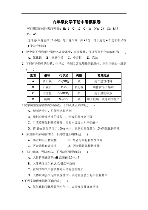 粤教版九年级化学下册中考模拟卷(word版  含答案)