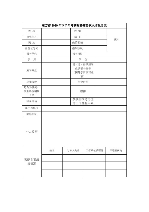 东方市2020年下半年考核招聘高层次人才报名表【模板】