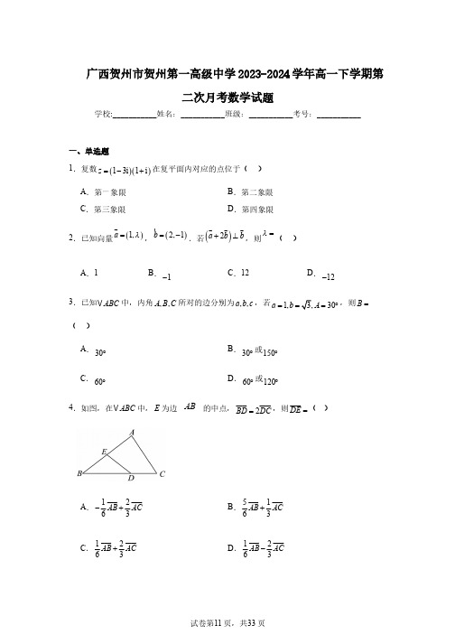 广西贺州市贺州第一高级中学2023-2024学年高一下学期第二次月考数学试题