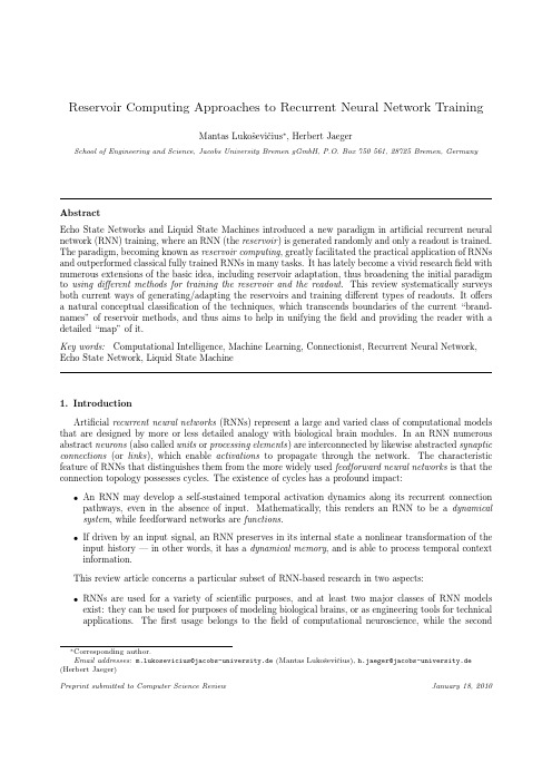 Reservoir Computing Approaches toRecurrent Neural Network Training