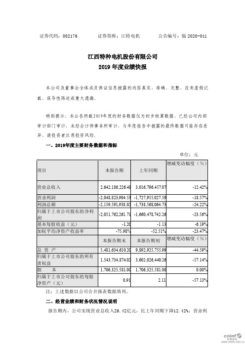 江特电机：2019年度业绩快报