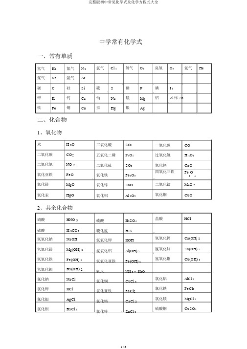 完整版初中常见化学式及化学方程式大全