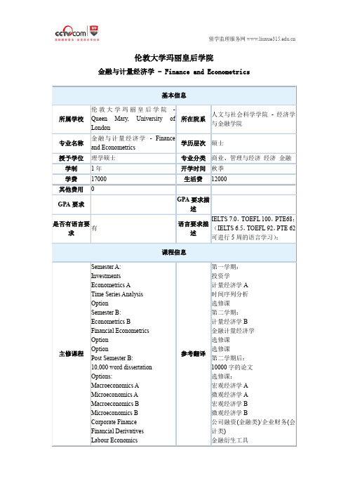 伦敦大学玛丽皇后学院金融与计量经济学硕士