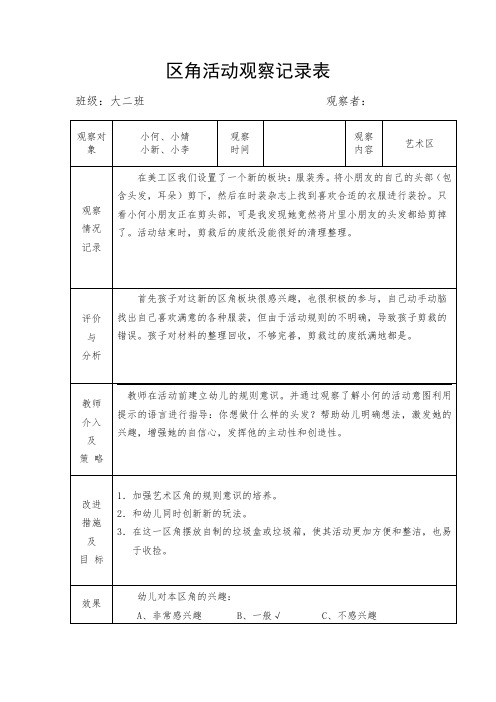 大班区角活动观察记录表-艺术区服装秀