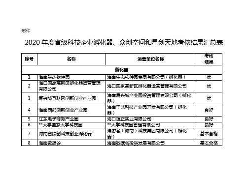 2020年度省级科技企业孵化器、众创空间和星创天地考核结果汇总表【模板】