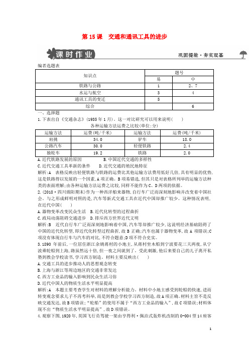 人教版2020高中历史 第五单元第15课 交通和通讯工具的进步试题 新人教版必修2