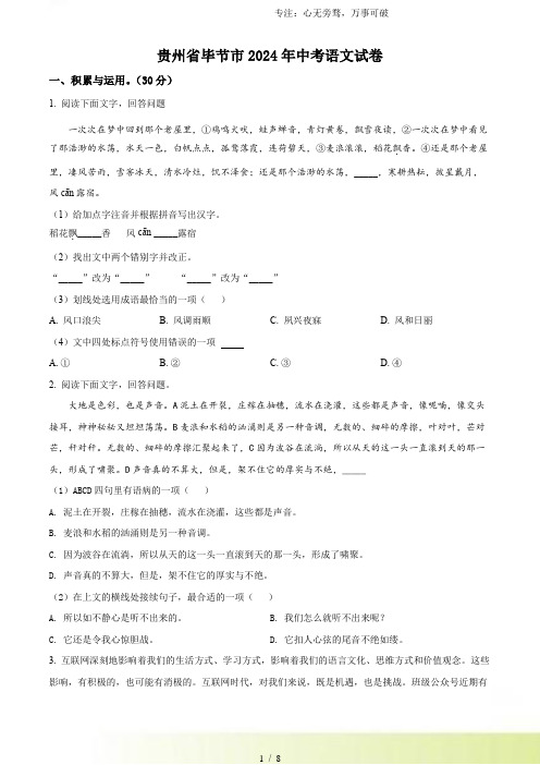 解析：2024年贵州省毕节市中考语文真题(原卷版)