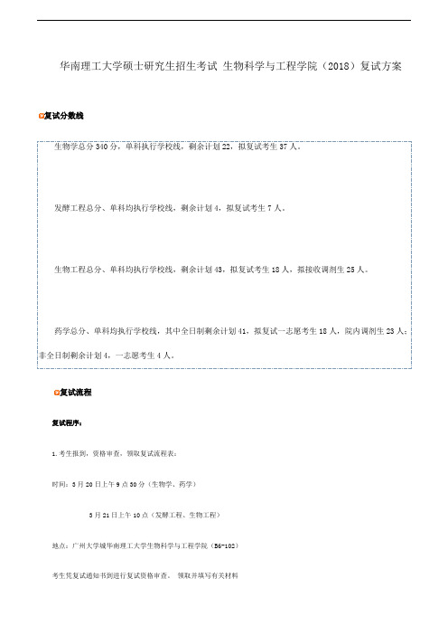 华南理工大学硕士研究生招生考试 生物科学与工程学院(2018)复试方案