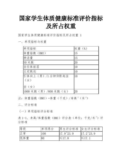 国家学生体质健康标准评价指标及所占权重